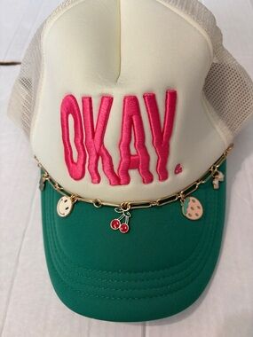 Ladies Okay' Embroidered Trucker Hat with Charm Chain - Pink & Green nwot